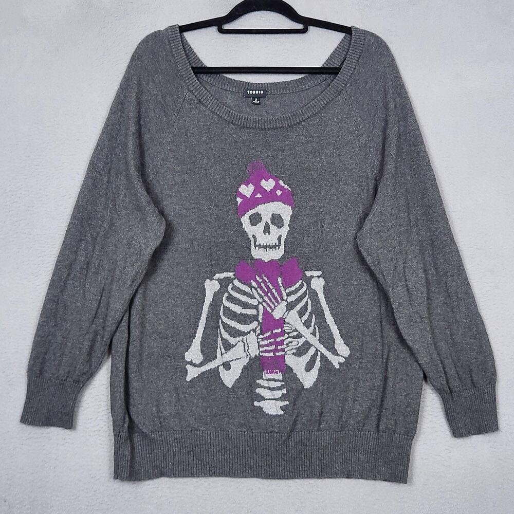 Torrid Sweater Womens 2 Gray 100% Cotton Skeleton Skull Halloween Pirate